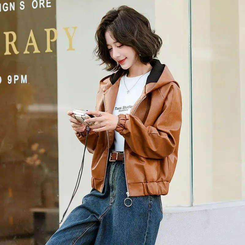 Short Leather Jacket Women's Hooded 2026 New Popular Autumn And
