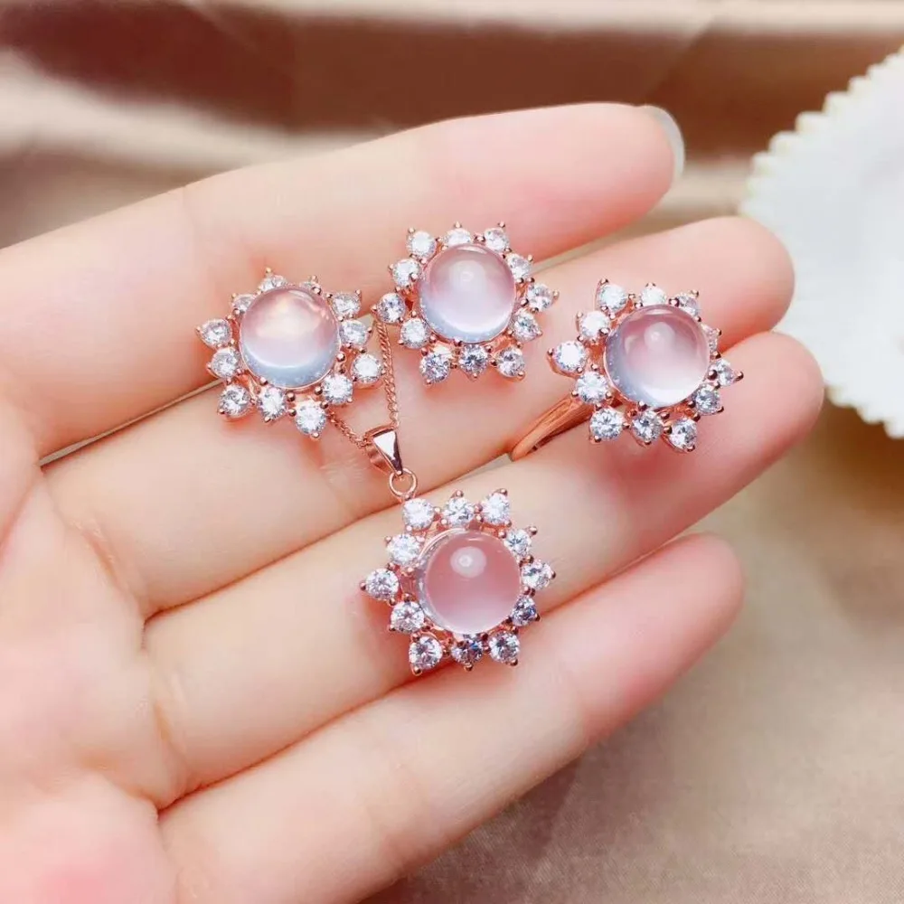 

Natural Pink Crystal Hibiscus stone Ring Earrings Pendant Necklace Set 925 Silver Fine Fashion Jewelry for Women