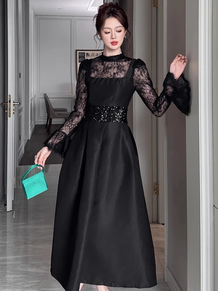 ผู้หญิง Retro ชุดราตรีหรูหราภาษาฝรั่งเศสคําพรหม SHEER Lace Splice เอวสูงขนาดใหญ่ Swing Robe หญิงสีดําเลื่อมปาร์ตี้ ...