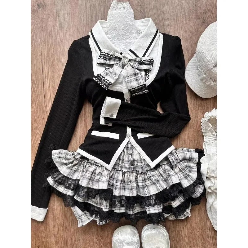 Gothic Y2k Women 2 Piece Sets Sweet Bow Long Sleeves Cardigan Coat Ruffles Plaid Mini Skirt Female Korean Fashion Lolita Outfits