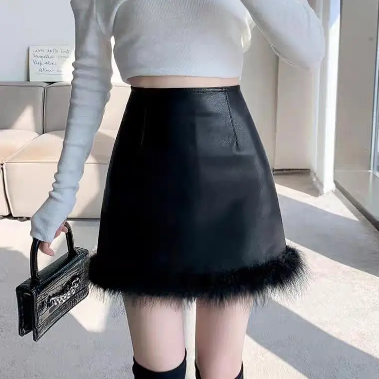 High Waist Buttocks Leather Short Skirt Fur Patchwork White Jupe Sexy Faldas Mujer Black Slim Fit Autumn New