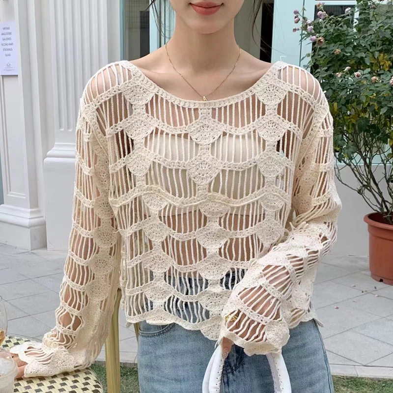 

Вязаный крючком топ с длинными рукавами, прозрачный ажурный вязаный свитер, укороченный ажурный пуловер для женщин, весна-лето, пляжная одежда в стиле бохо для отдыха