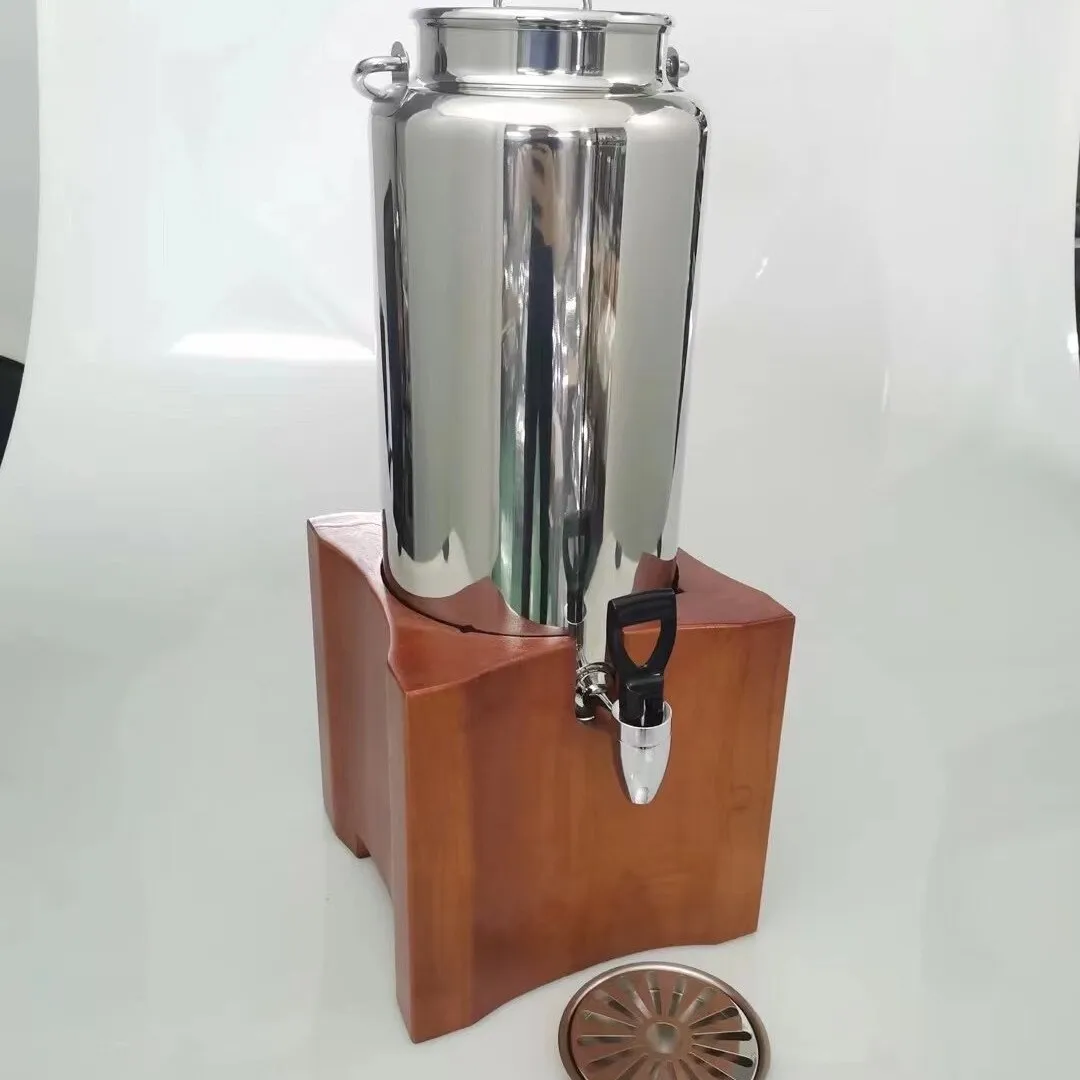 Stainless Steel Milk Dispenser with Wooden Base Heated Beverage Bucket Juice Dispenser Soy Milk Container Coffee Server Buffet