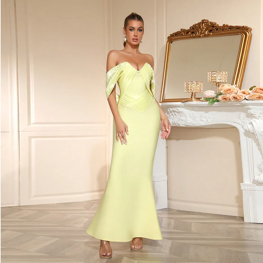 Elegant Off-The-Shoulder Yellow Beaded Mermaid Gown for Women Sweetheart Draped Evening Dress Customizable for Birthday Party Pr