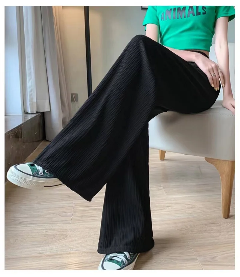 Women Ankle Length Wide Leg Pants Casual Summer Solid Elastic Waist Loose Ice Silk Pants Spring Summer 2025 New Female Trousers