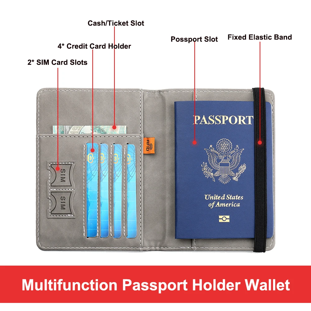 Funda de cuero con bloqueo RFID para pasaporte, tarjetero de viaje, billetera para hombres y mujeres, organizador de pase de documentos, carpeta,