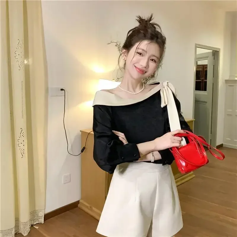 Bow Contrast Patchwork Elegant Blouse Women Clothing Spring Autumn 2025 Long Sleeve Loose Temperament Shirt Tops Fashion Korean
