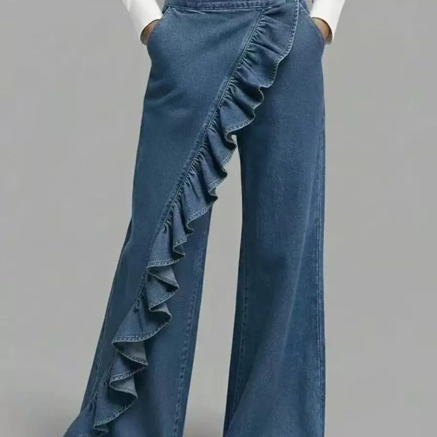 Retro Asymmetrical High Waist Straight Leg Jeans Summer 2026 Cross-Border Best-Selling Blue Denim Trousers for Teen Girls