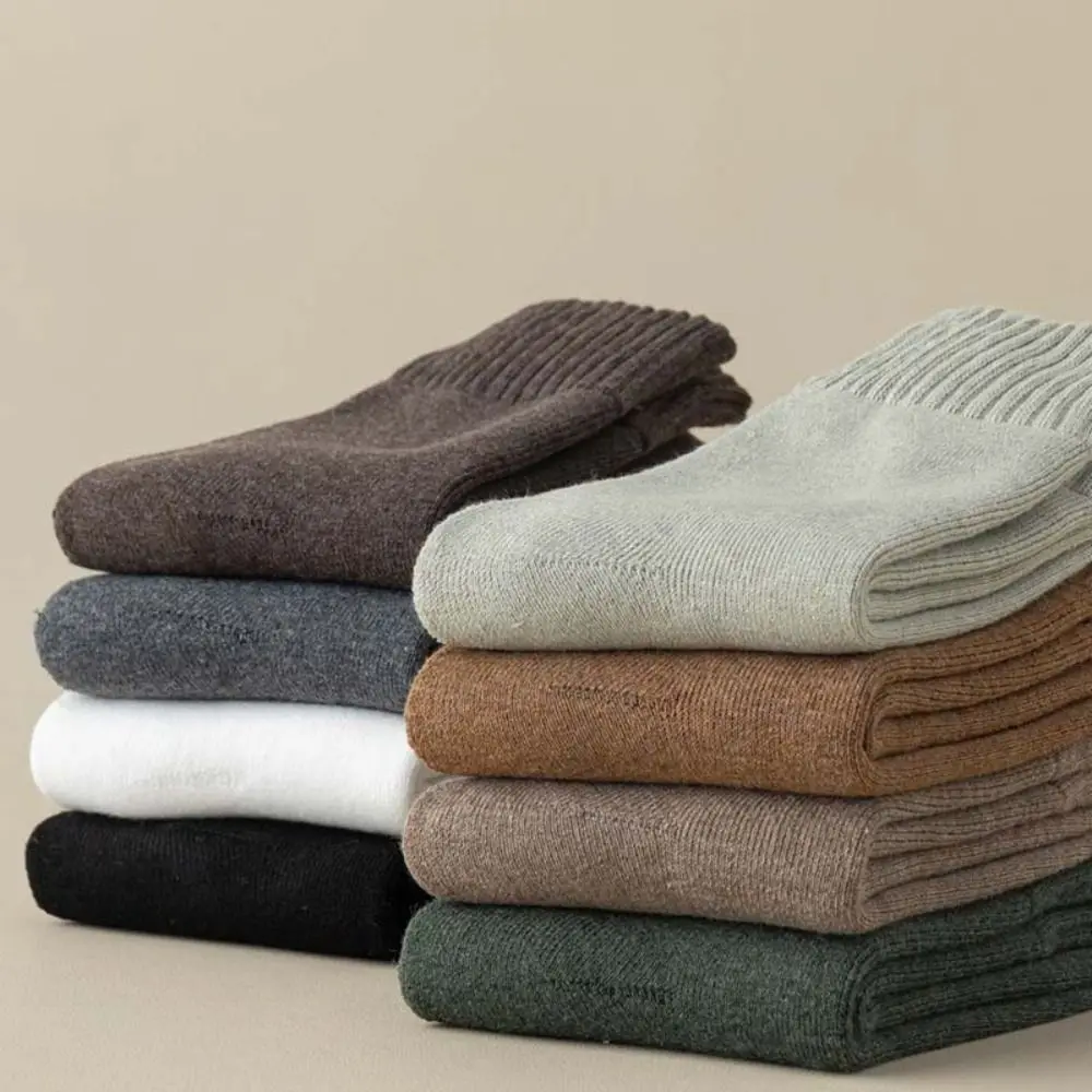 5Pairs Simple Thicken Warm Socks Stripe Solid Color Thermal Mid Length Socks Mid Tube Thicker Winter Socks Men Men Boy