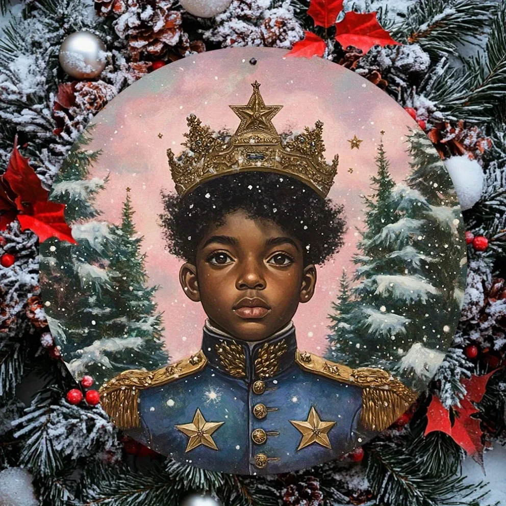 Vintage Christmas Boy Sign - Blue Uniform with Gold Stars Snowflakes, Rustic Metal Wall Art for Home , Pre-Drilled Holiday Gift