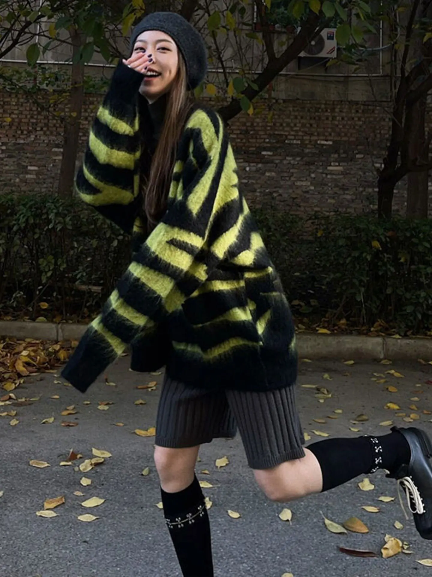Large Size Green Striped Cashmere Sweater Women's Autumn Winter Casual V-Neck Color Block Knitted Cardigan Top Trendy