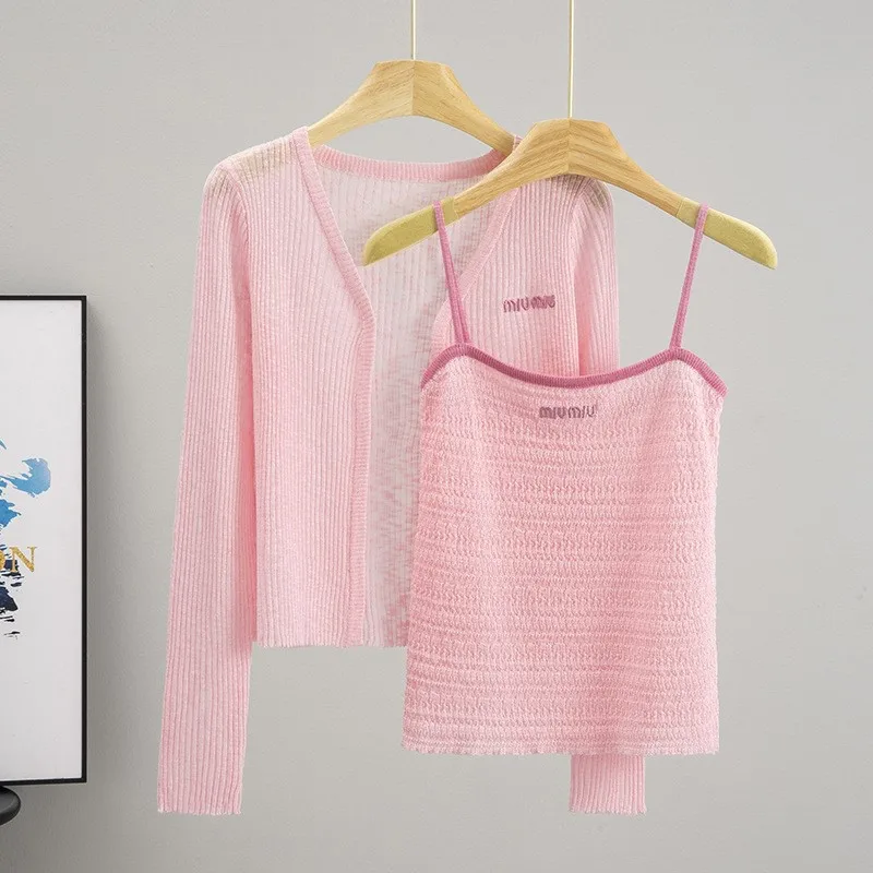 

Elegant Dopamine Slim Fit 2 Pieces Camis Set Women's Sweet Pink Tank Tops + Korean Soft Style Knit Cardigan Female Y2K Outfit
