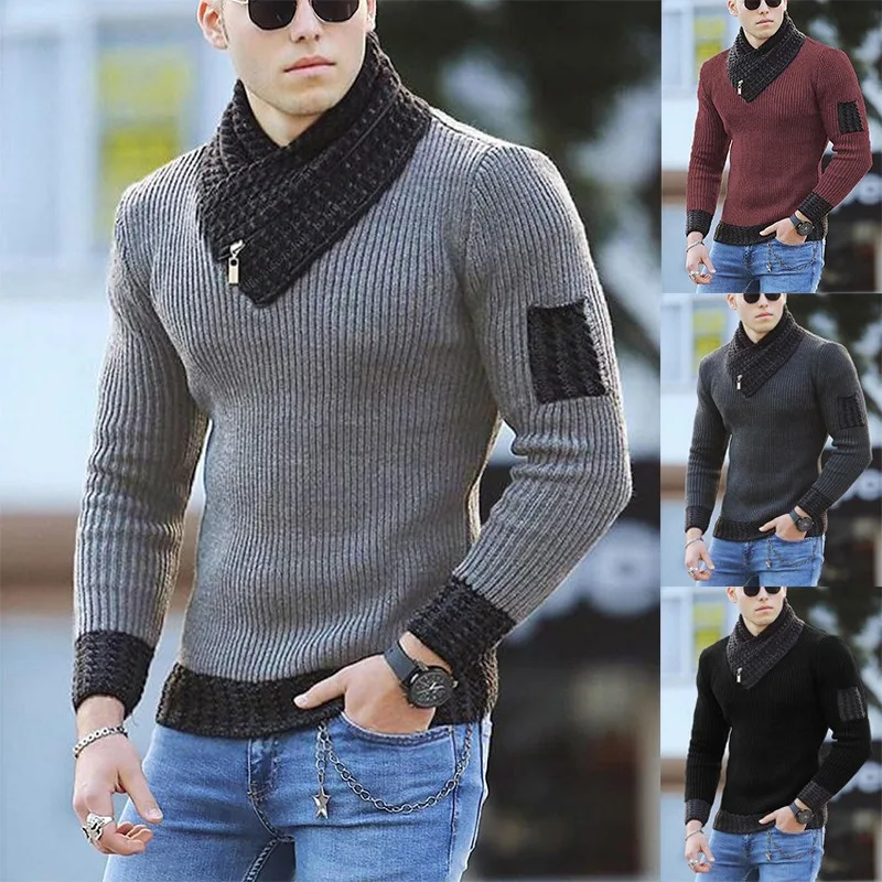 

New Men's Casual Slim Fit Knitted Long Sleeve Scarf Collar Sweater