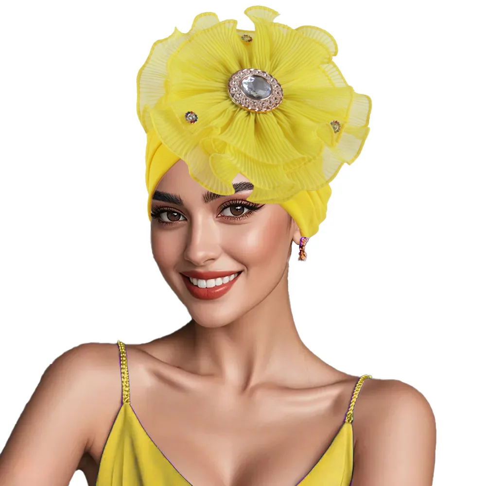 

New Flower Turban Cap Women African Head Wraps Diamonds Hat Nigeria Wedding Party Headpiece Muslim Headscarf Bonnet Hijab Geles