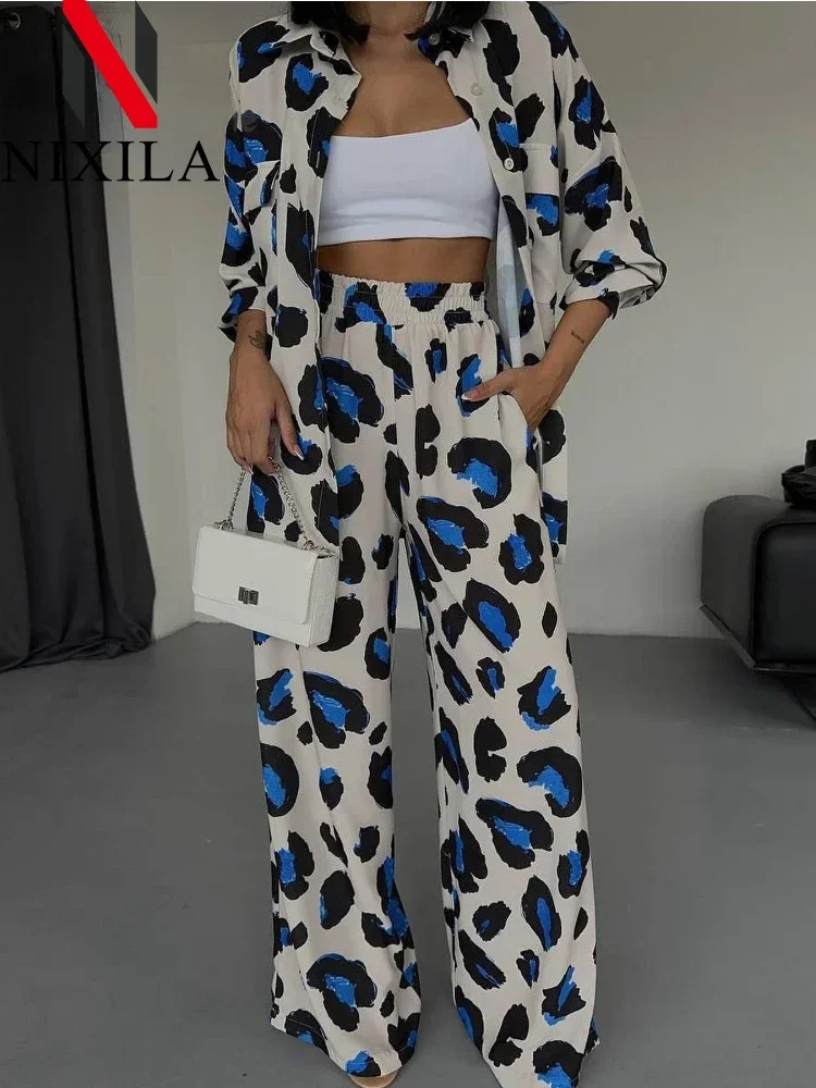 Womens Outifits Leopard Printed Elegant Women\'s Sets Casual Streetwear Long Sleeve Tops Wide Leg Pants Tracksuit Two Piece Sets