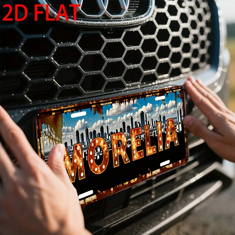 Letrero de Aluminio Plano 2D Estilo Matrícula Retro Rústica con Paisaje Urbano de Morelia, México, para Recuerdo de Viaje Mexicano, para la Parte Delantera del Coche y más
