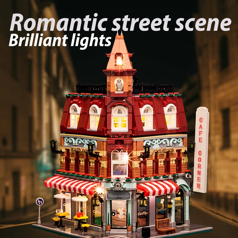

1950PCS luxury street view coffee corner assembly building blocks with atmosphere lights kid's educational building blocks gifts