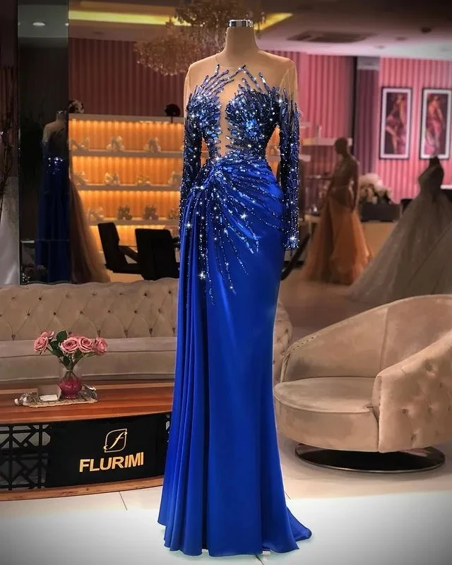 

Royal Blue African Evening Dresses Sheath Long Sleeves Crystals Long Dubai Saudi Arabic Black Girls Evening Gown Prom