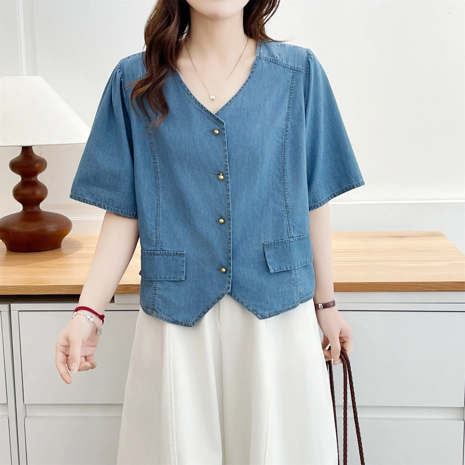 

2026 Summer Plus Size Denim Shirt Women Short Sleeve V Neck Open Front Cardigan Casual Blouse For Curvy Ladies 398
