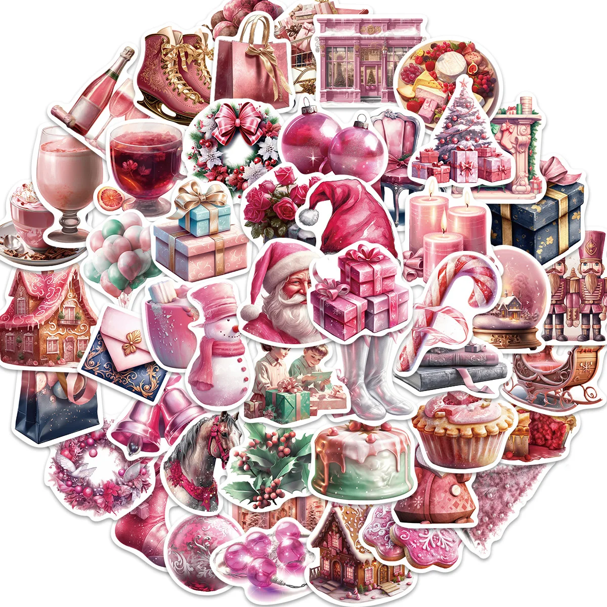 10/30/50Pcs Cute Pink Christmas Gift Stickers Santa Claus Christmas Tree Decor Laptop Notebook Phone Diary Suitcase Sticker Toys