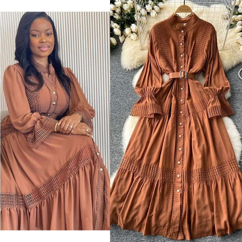 Franse Hof Retro Elegante Jurk Dames Opstaande Kraag, Hoornmouwen, Taille Single-breasted Kant Splitsing, Nieuw, Grote Swing Jurk