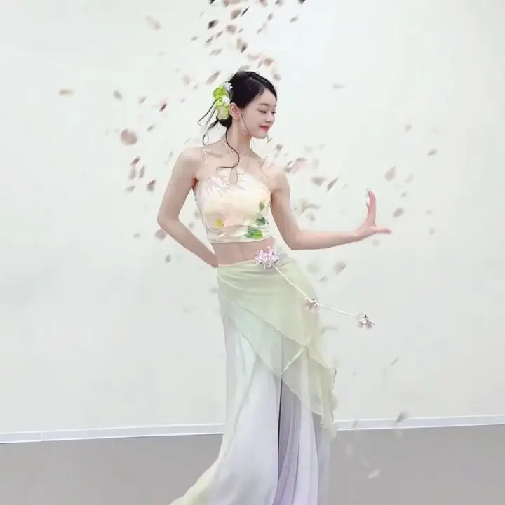 

2025 New Classical Dance Costume, New Chinese Style Strap, Chinese Style Modern Dance Practice Dress, Printed Inner Set