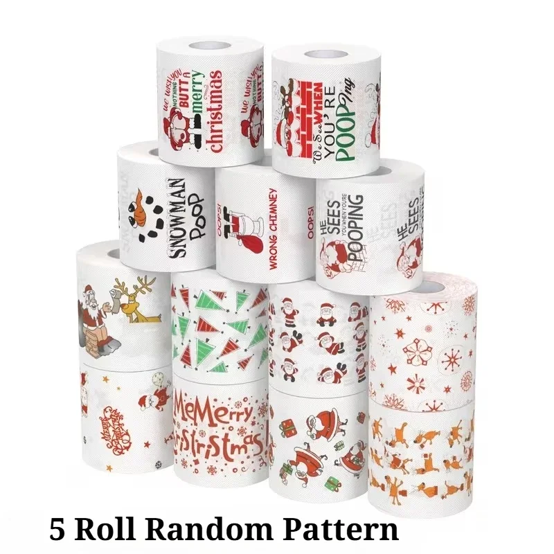 5 Rolls Christmas Pattern Toilet Paper,Household Kitchen Paper,Multi-Functional Paper Towel Multi-Scene Use,Party Paper Disposab