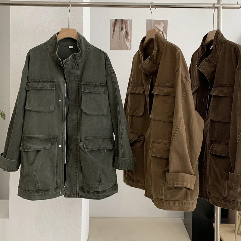 SuperAen Autumn New Korean Style Vintage Stand-up Collar Washed Denim Safari Style Casual Jacket for Women Pockets Simple Coats