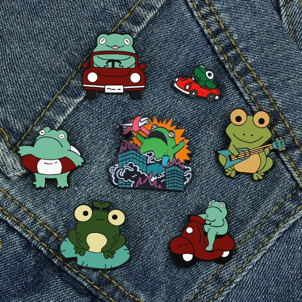 Funny Frog Brooches Cartoon Driving Red Car Motorcycle Guitar Froggy Enamel Pins Bag Denim Lapel Pin Animal Badge Kids Jewelry