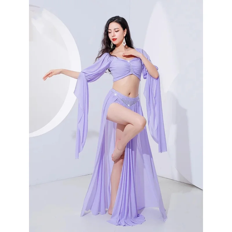 Elegant Women Dance Clothes Breathable Net Yarn Practice Suit Belly Dance Costume Set 2pcs Top And Skirt Girls Outfit