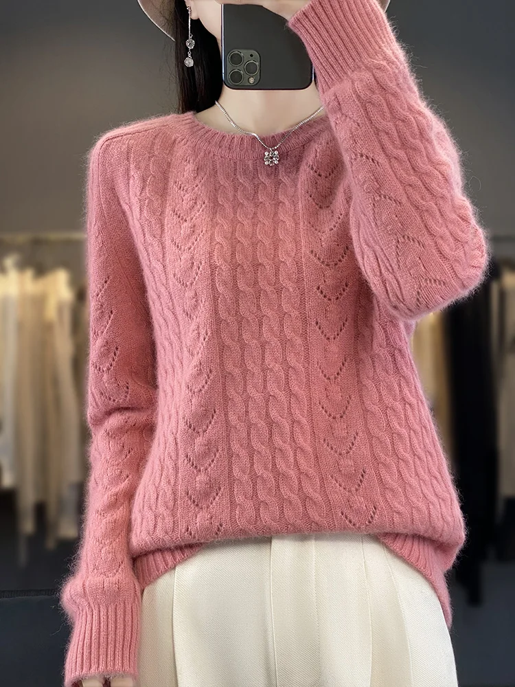 Autumn Winter Women Pullovers 100% Mink Cashmere Sweater Thick Warm O-Neck Twist Casual Cashmere Knitwear Korean Fashion Tops