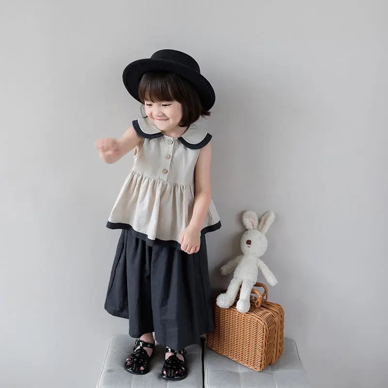 

Girls' Suit Doll Collar Sleeveless Shirt Solid Color Culottes 2022 Summer New Summer Cotton and Linen Two-Piece Suit