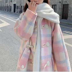 2023 Autumn and Winter New Loose Pink Cowhorn Button Woolen Coat Women's New Fat Sister Sweet Little Man Woolen Coat Commuter V1