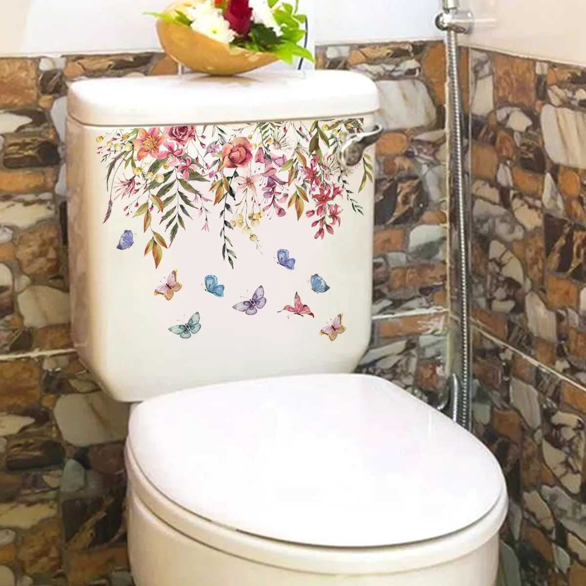 M21 Plants Flowers Butterflies Toilet Sticker Bathroom Toilet Cover Sticker Refrigerator Wall Stickers Wc  For Home  Decoration