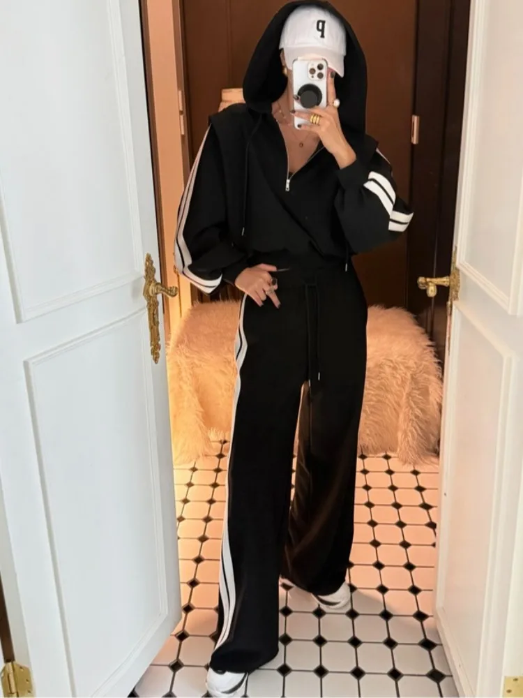 Chique Vintage Gestreepte Lange Sve Hoodie Jaet Vrouwen Casual Hoge Taille Veelzijdige Loose Fit Broek Herfst Faion Streetwear