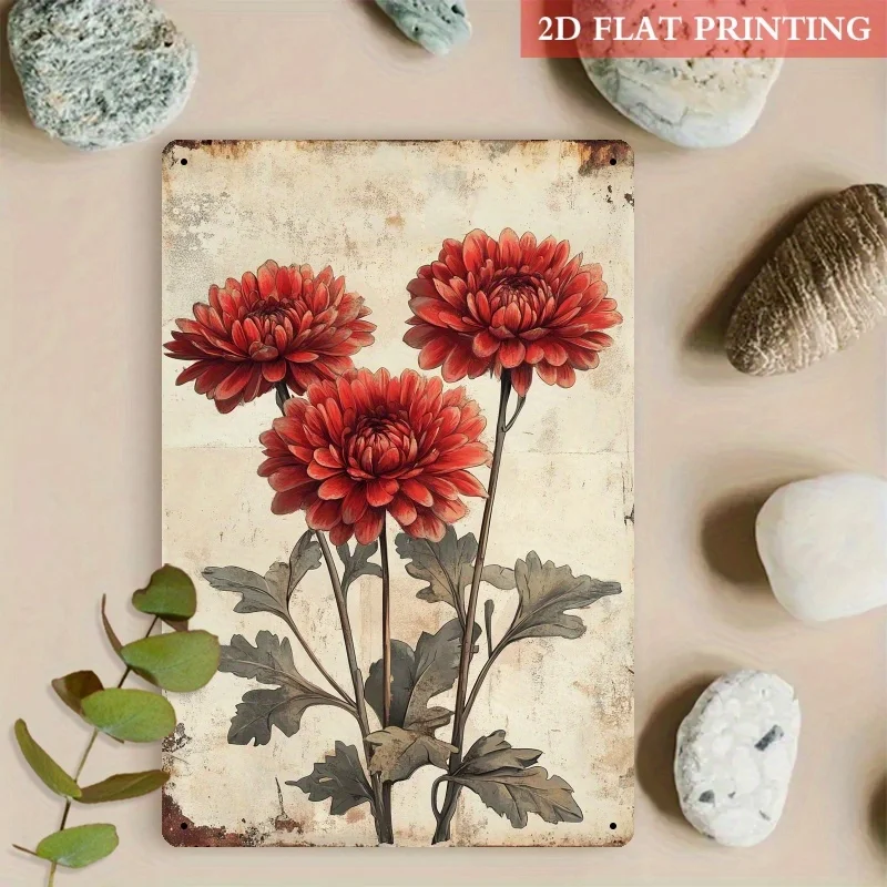 2D Flat - 2D Plane Retro Red Daisy Metal Wall Decor - 8X12 Inch Iron Art Country Style Decoration, 3D Visual Illusion, Western H
