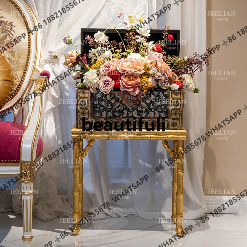French retro solid wood painted imitation bamboo joint decorative box gold decorative cabinet living room