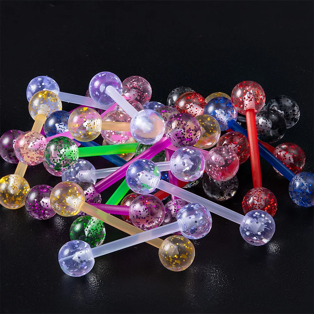 10/30/60pcs Flexible Tongue Piercing Barbell Tongue Rings Colorful Acrylic Body Piercing Jewelry Random Colors Patterns 14 Gauge