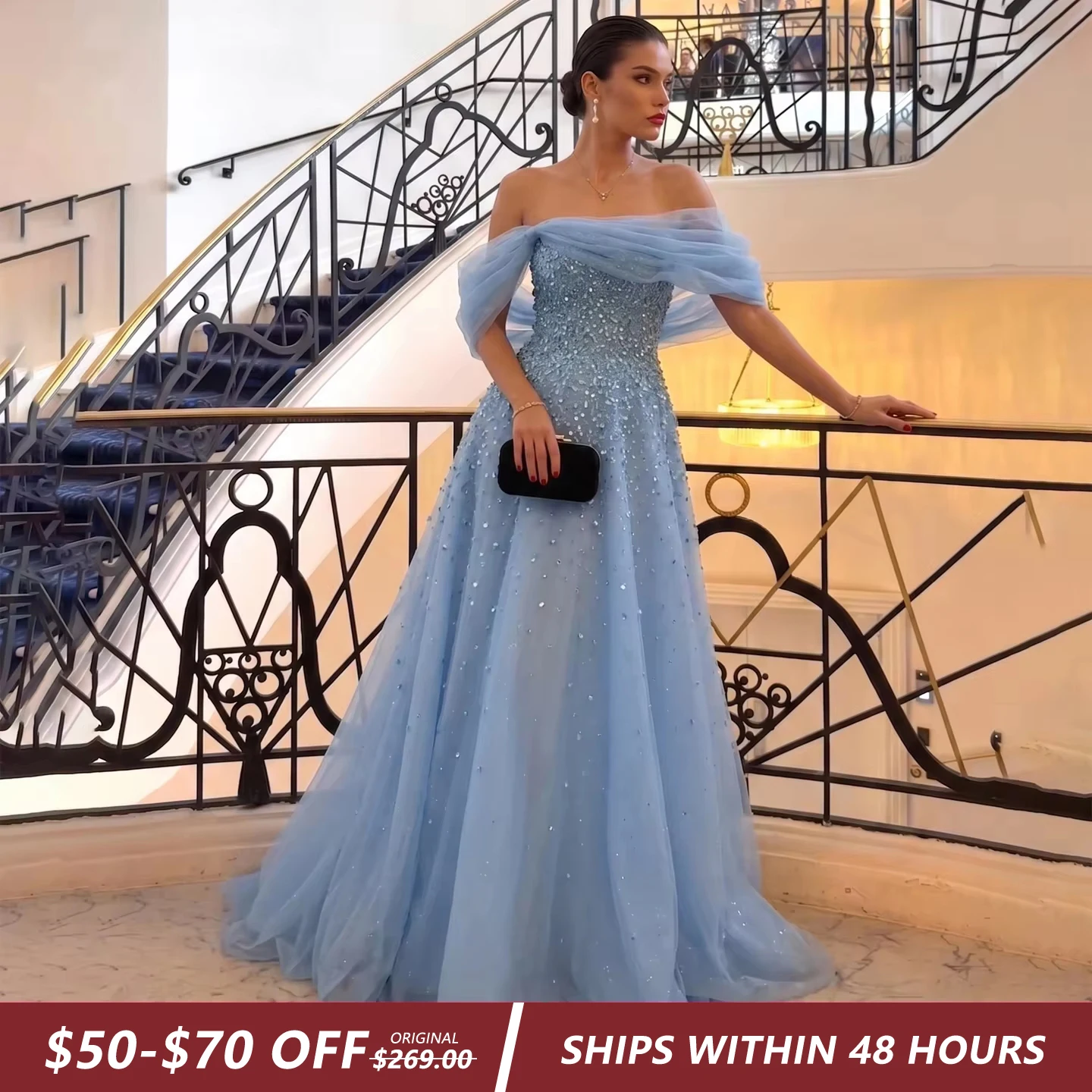 women's light blue off the shoulder dress Berylove Women Maxi Tulle A Line Appliques Long Wedding Guest Dress This garment runs small Laura's Sky Blue Off Shoulder