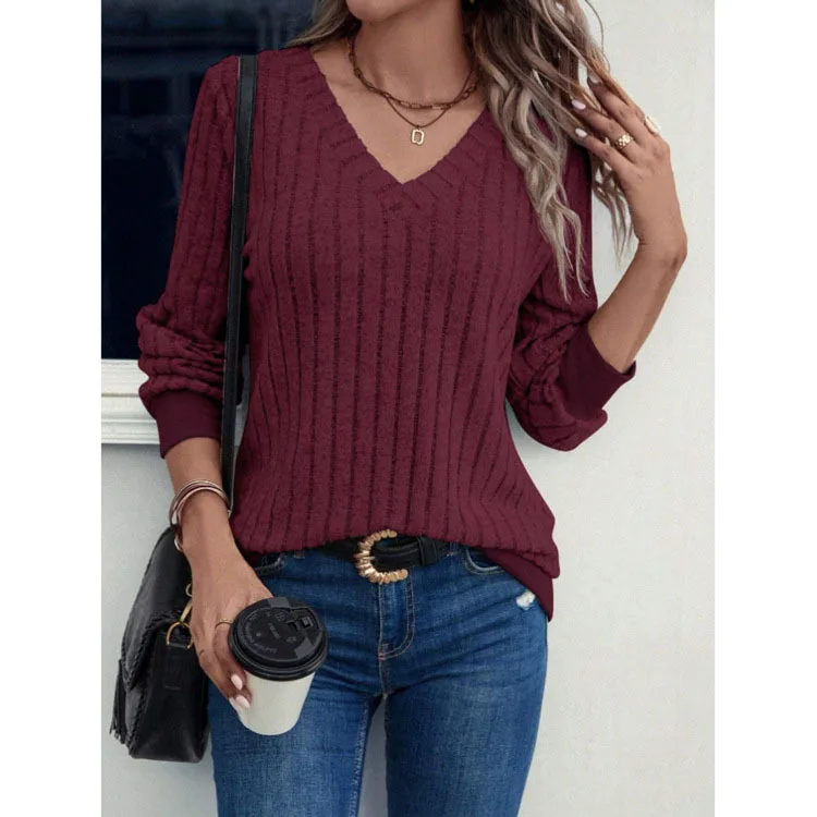 New Women's V-neck Brushed Pit Stripe Solid Color Long Sleeved Top