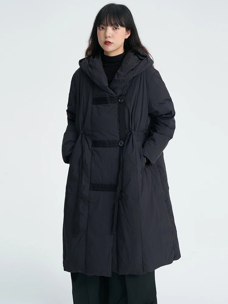 Chinese Style Thick Warm Long Down Coats for Women, White Duck Down Coats, Thin Waist Coat, Hooded Loose Jackets, Stylish Winter