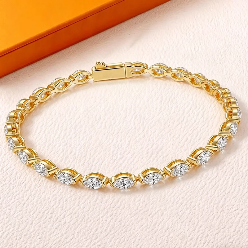 EWYA 3*6mm Full 3EX Marquise Cut Moissanite Tennis Bracelet for Women Man Spring Buckle S925 Silver Lab Diamond Link Bracelets