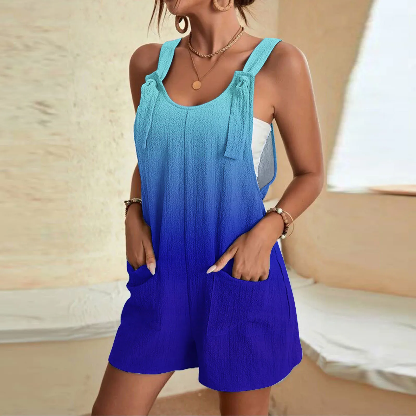 Summer Women Jumpsuit Casual Loose Fit Short Overall With Pocket Oversize Adjustable Romper Beachwear Playsuit For Women