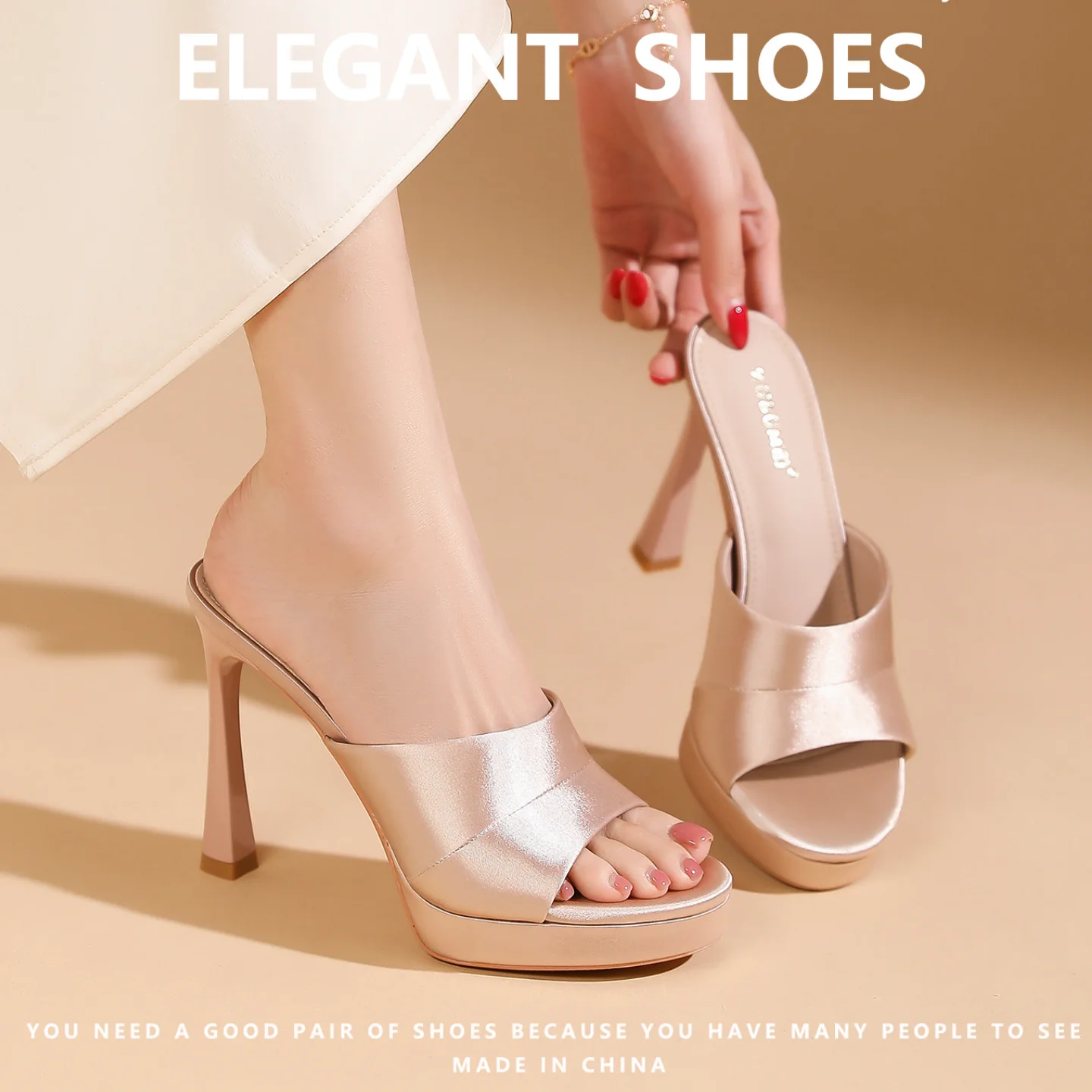 

Designer French Champagne Satin High Heel Sandals Woman Summer Wedding Party Chunky Platform Mules Ladies 11Cm Square Toe Shoes