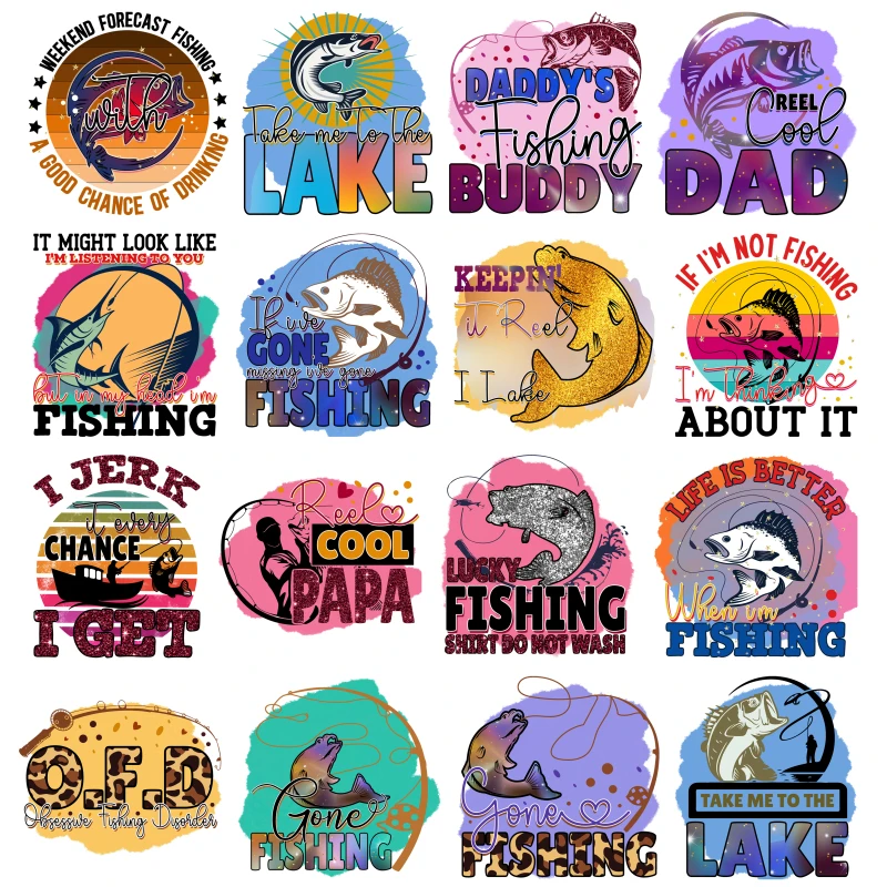 24cm 20 styles fishing series cartoon printing DIY clothing ironing for t-shirt heat transfer printing patch can be washed
