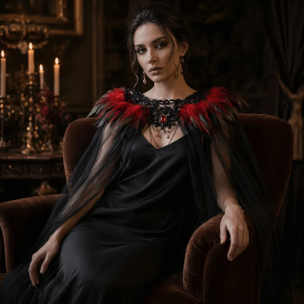Black Halloween Feather Cloak Elegant Fur Collar Hollow Lace Mesh Cape Flowing Mesh Fringe Festival Costume Cape