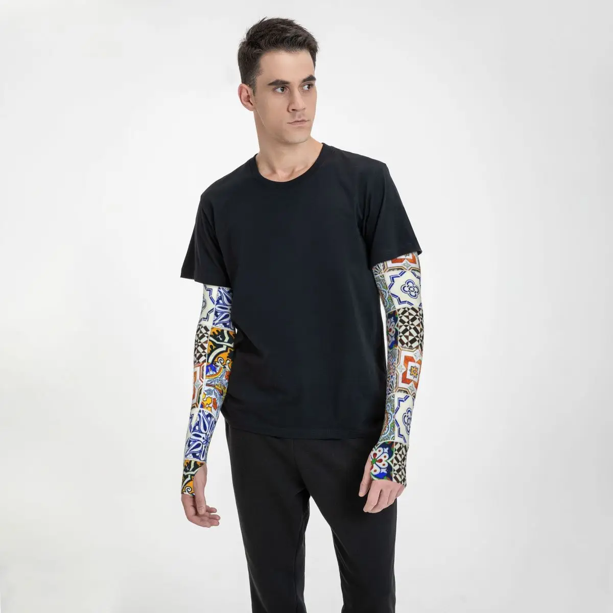 Colorful Portuguese Tile Outdoor Arm Sleeves Sun UV Protection Cover Summer Ice Silk Cycling Tattoo Sleeves