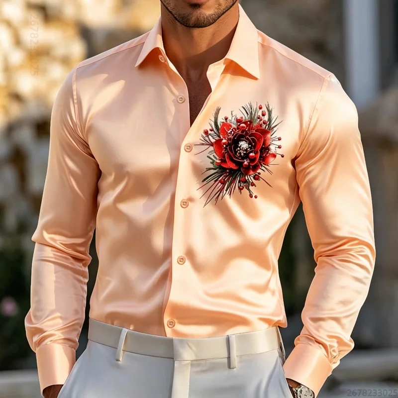 Men's Red Floral Print Long-Sleeve Shirt - Suitable for Commute, Business, Workplace, Party, Casual, Stylish, and Versatile