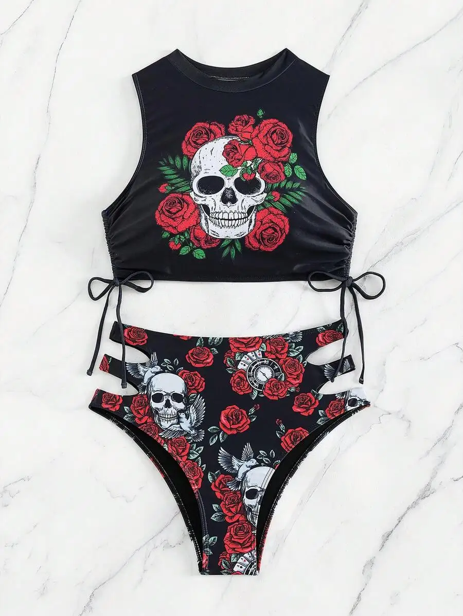 Swim EVENT Beach Skull & Floral Print Drawstring Side Bikini Set, Halloween - view 2