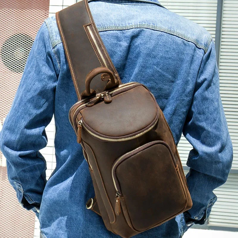 Men Leather Bagpack Shoulder Cross Body Chest Bag Genuine Leather Cowskin Chest Pack For Outdoor Travel Messenger Bag Riding